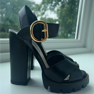 Authentic Prada Platform Sandals Leather Gold Buckle Size EU 37.5 US 7. Black